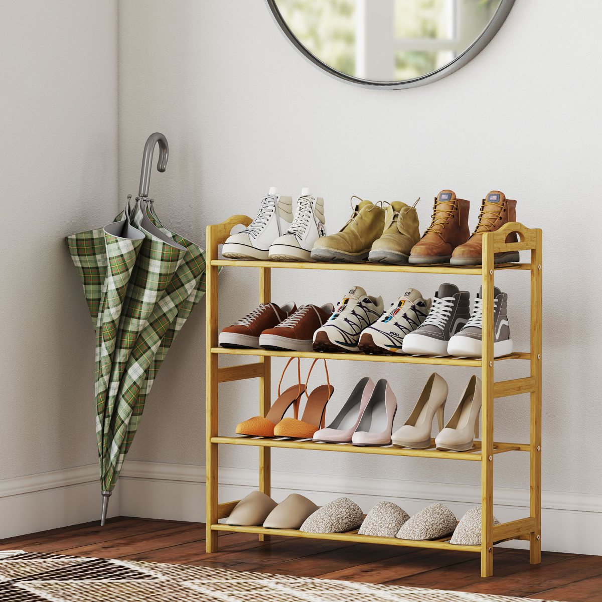HOMCOM 4-Tier Shoe Rack, Bamboo Shoe Shelf Stand, Natural Wood Finish