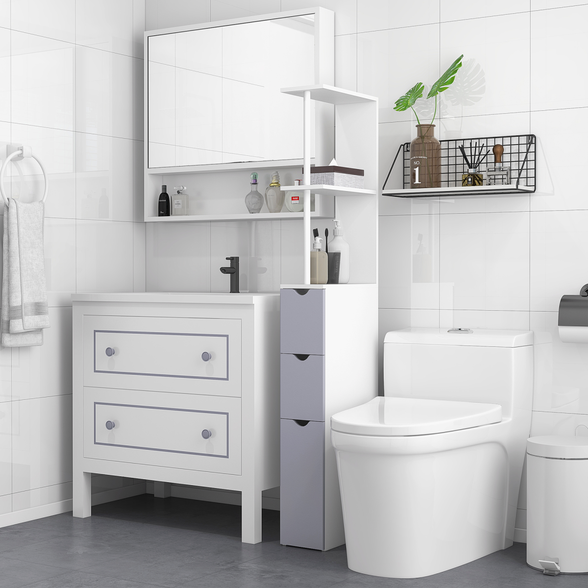 HOMCOM Bathroom Storage Cupboard Thin Cabinet Unit Shelf White w/ Drawers