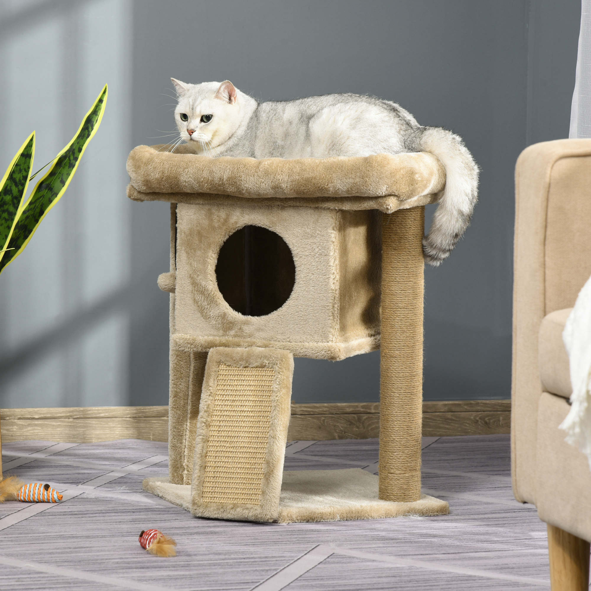 Cat Tree Tower W/ Jute Scratching Pad, Toy Ball, Cat House 66x38x88 cm - Coffee