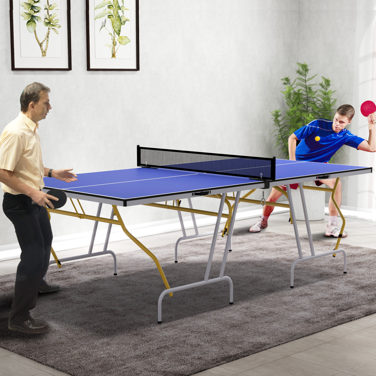 SPORTNOW 9FT Foldable Table Tennis Table with Cover, Net, Paddles, Balls - Blue