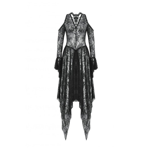 Dark in Love Carys Black Gothic Asymmetrical Lace Off-Shoulder Dress with Rhinestone Detail