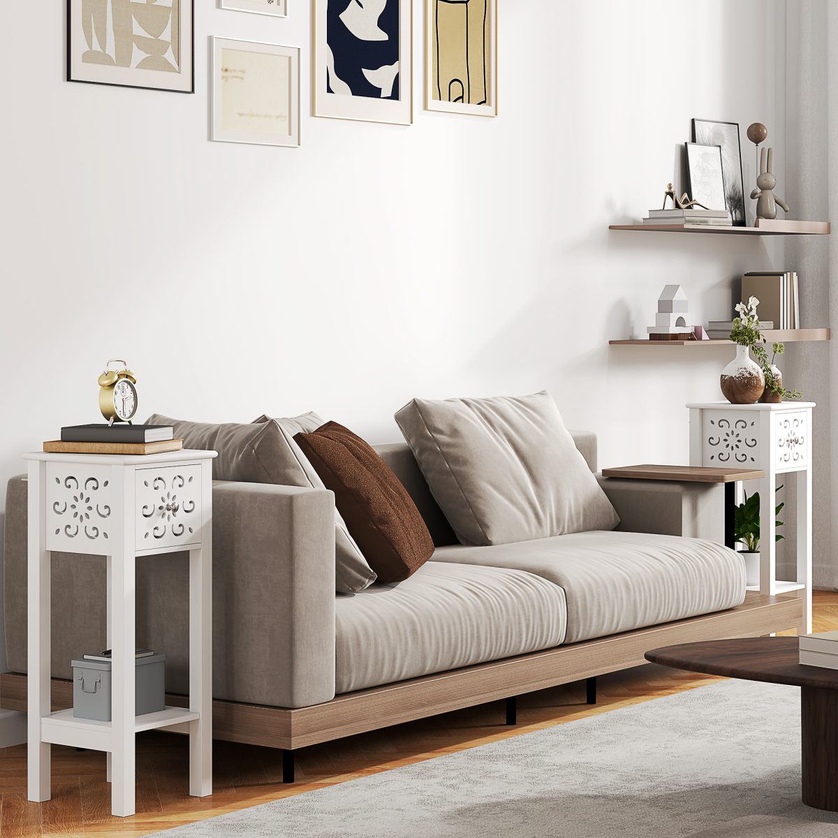 HOMCOM Bedside Table Set, End Table Set with Drawer and Storage Shelf, White