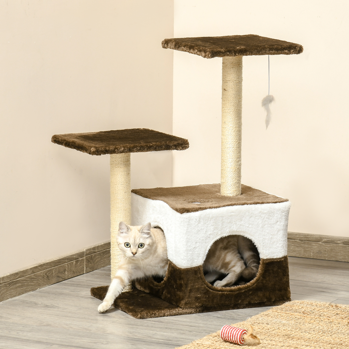 Cat Tree w/ Sisal Scratching Posts, House, Perches, Toy Mouse - Brown Pawhut