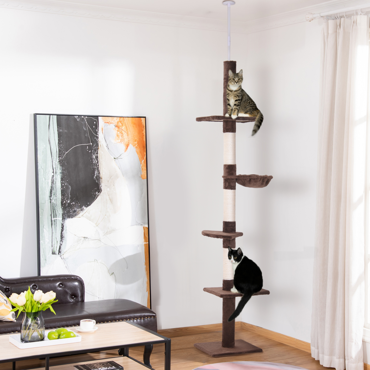 Floor to Ceiling Cat Tree for Indoor Cats 5-Tier Kitty Tower Brown
