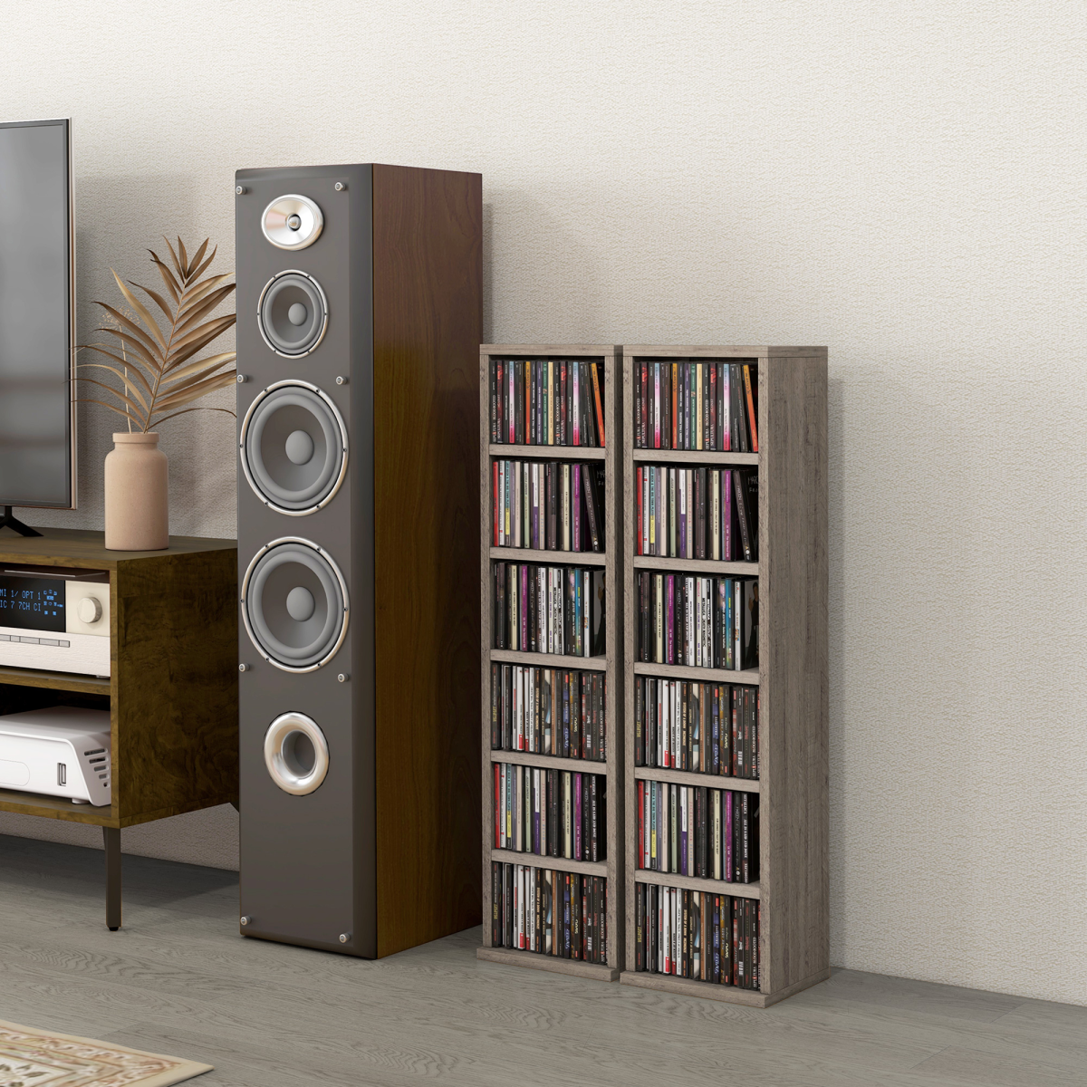 HOMCOM Set of 2 CD Media Display Shelf Unit Tower Rack Adjustable, Mocha Wood