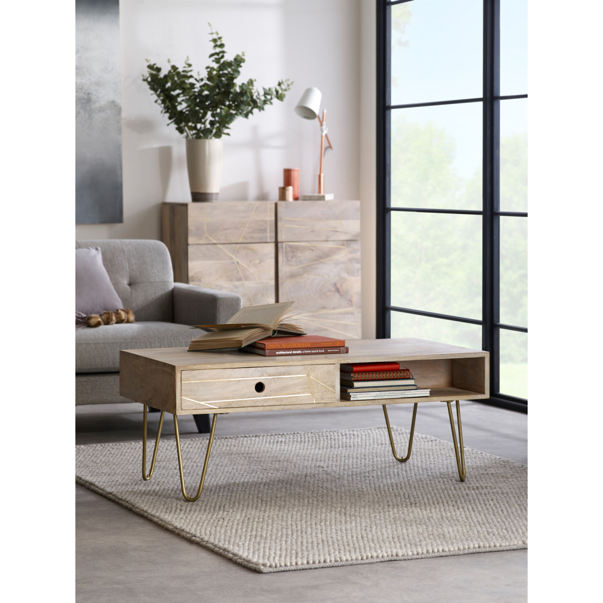 Light Gold Rectangular Coffee Table With Drawer