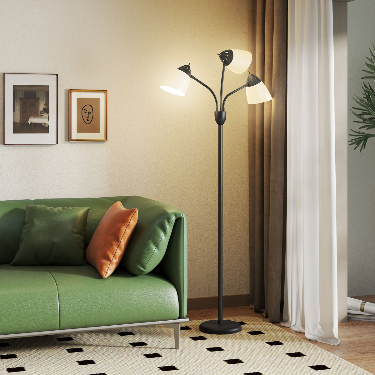 HOMCOM Tree Floor Lamp with 3 Adjustable Light, Industrial Standing Lamp, Black