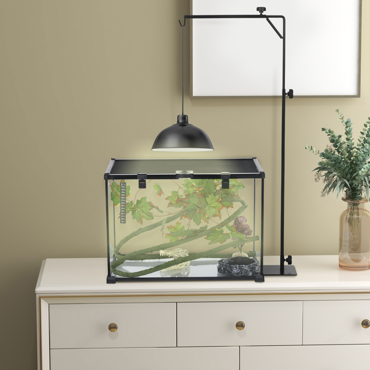 PawHut Reptile Lamp Stand, 86-129Hcm Adjustable Lamp Holder w/ Base, Hook
