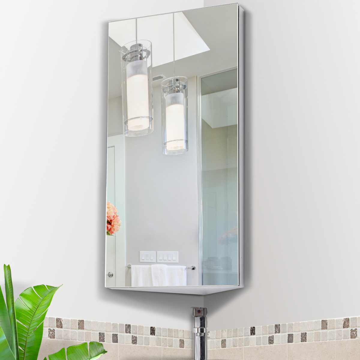 HOMCOM Wall Mount Corner Mirror Cabinet with Three Shelves, Stainless Steel Bathroom Storage Cabinet with Door