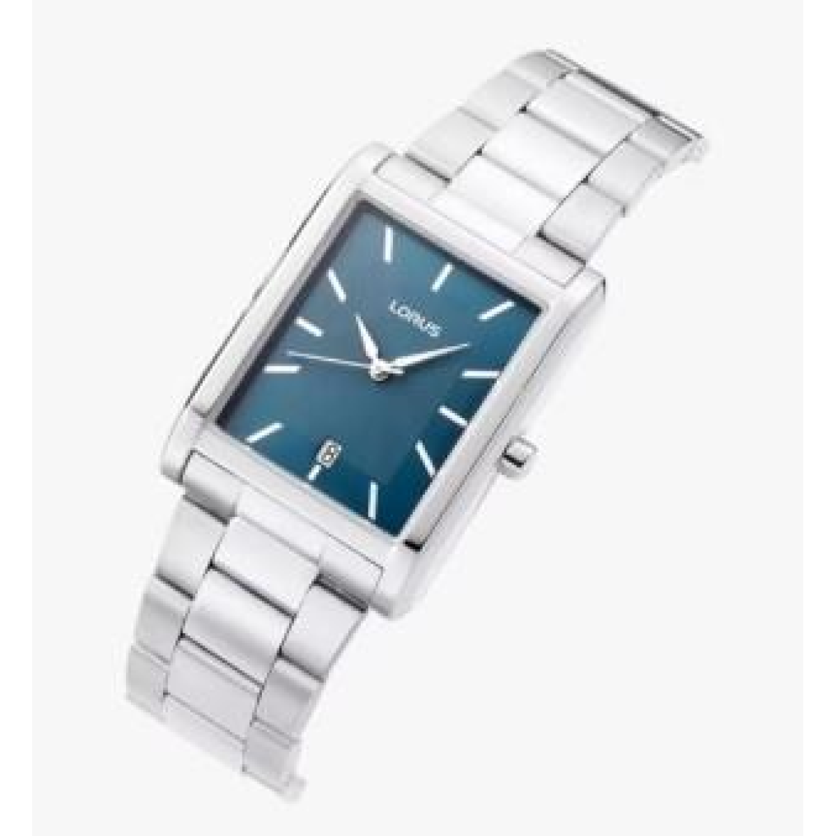 Lorus Mens Basic Fashion Rectangular Date Blue Dial Silver Stainless Steel Bracelet Watch RH935RX9