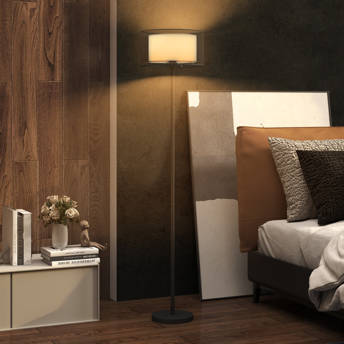 HOMCOM Modern Standing Lamp with Double Layer Shade & Foot Switch, Black