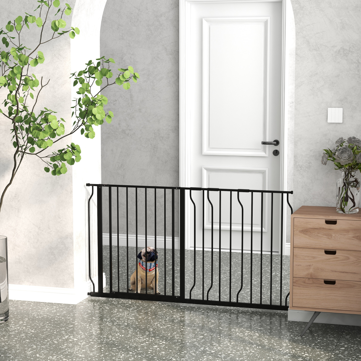 Pet Safety Gate Dog Barrier W/ Door Pressure Fit for Doorways, 75-145W cm, Black