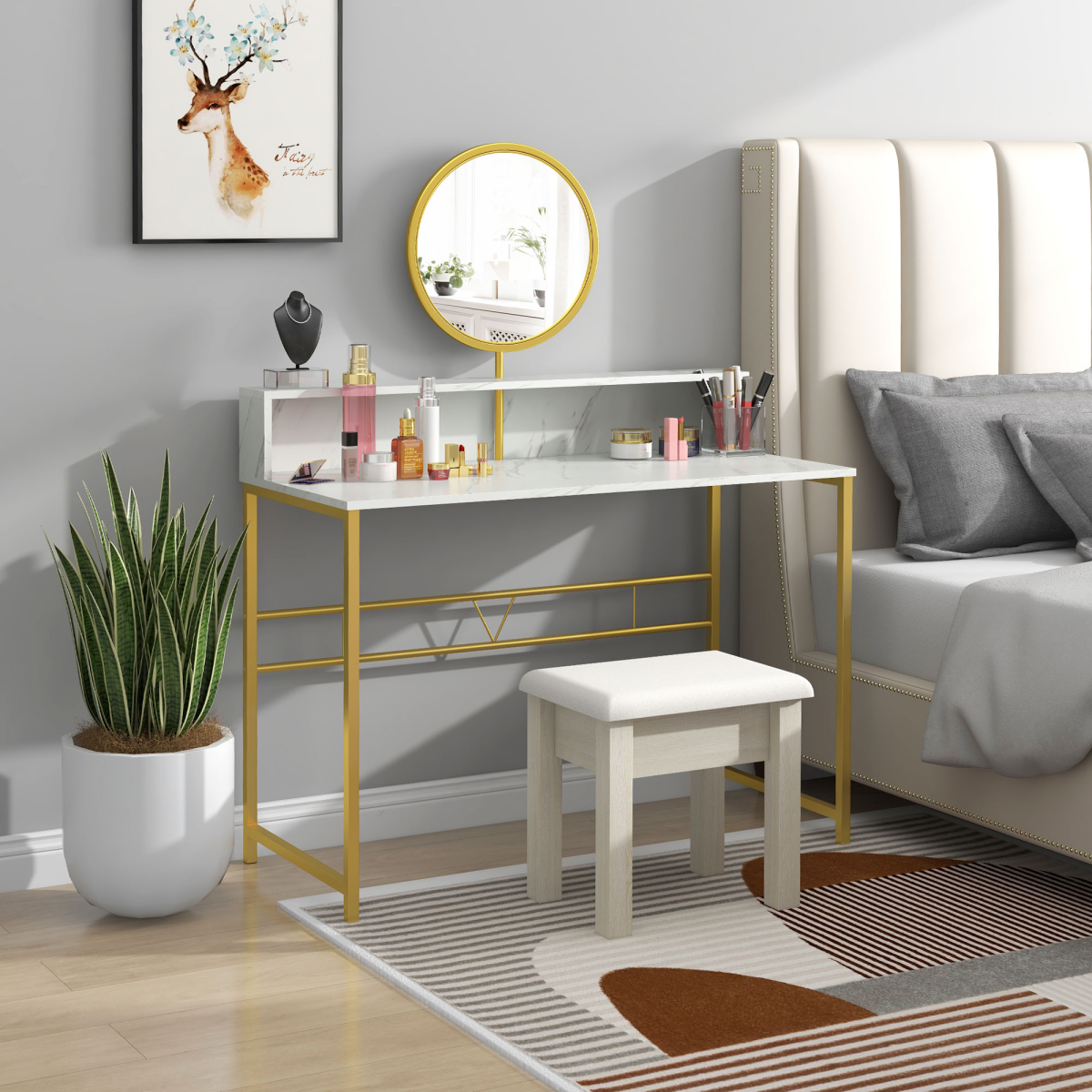 Dressing Table with Round Mirror, Vanity Makeup Desk Faux Marble Texture White