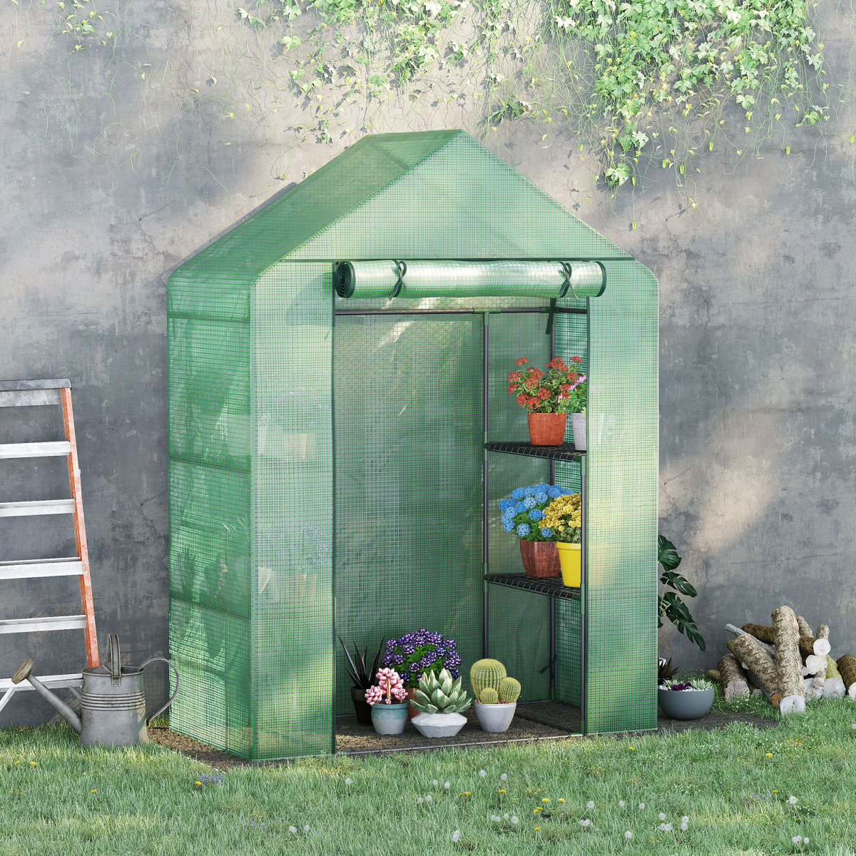 WalkIn Greenhouse 2 Tier Shelf, Roll-Up Door, PE Cover, 141x72x191cm, Green