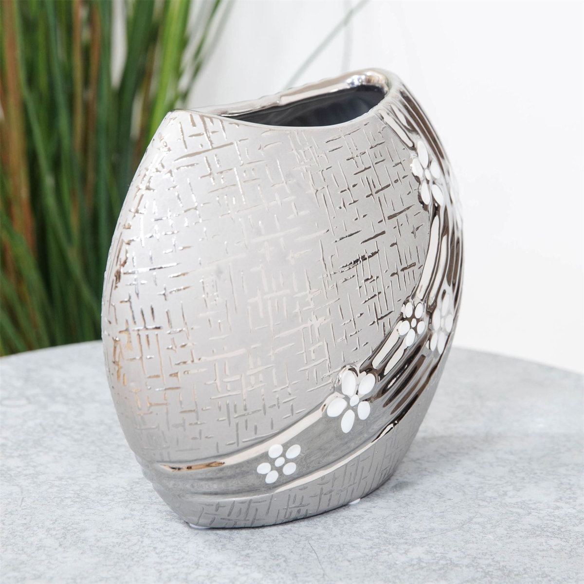 Metallic Circular Vase with White Flower 20cm