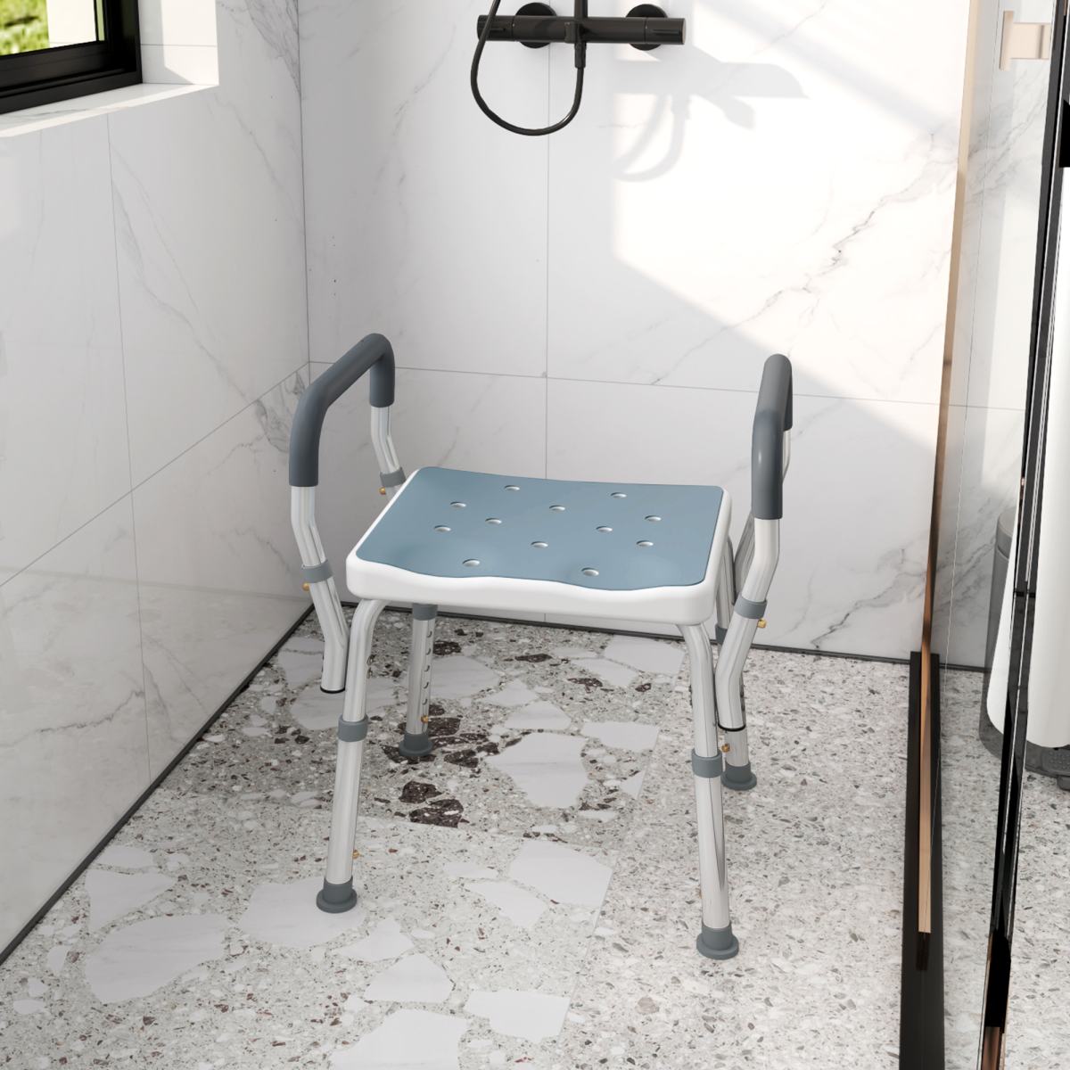 HOMCOM Rust-Free Aluminium Bath Chair with Adjustable Height, Light Blue