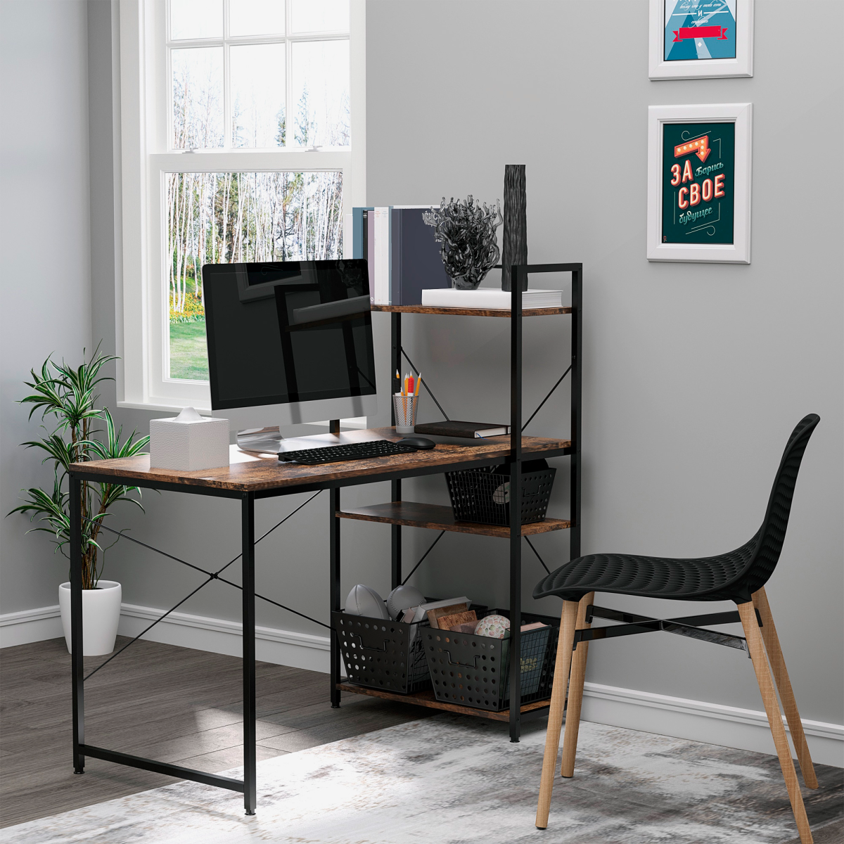 Computer Desk PC Table Study Workstation Home Office 4-tier Bookshelf Storage