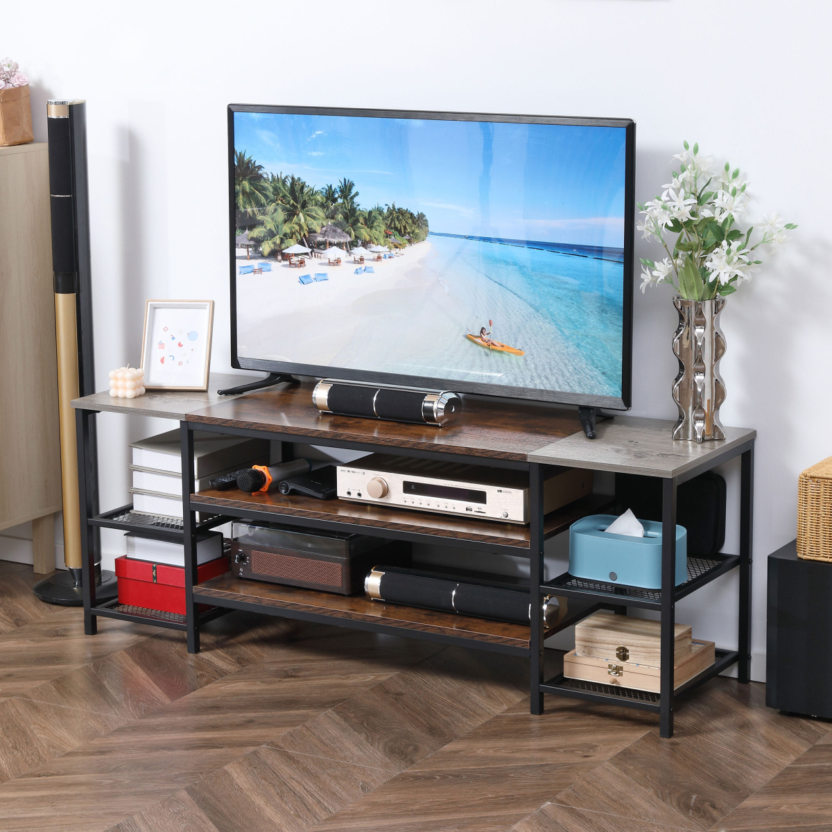 TV Unit Cabinet for TVs up to 65Inches with Shelves Brown and Grey HOMCOM