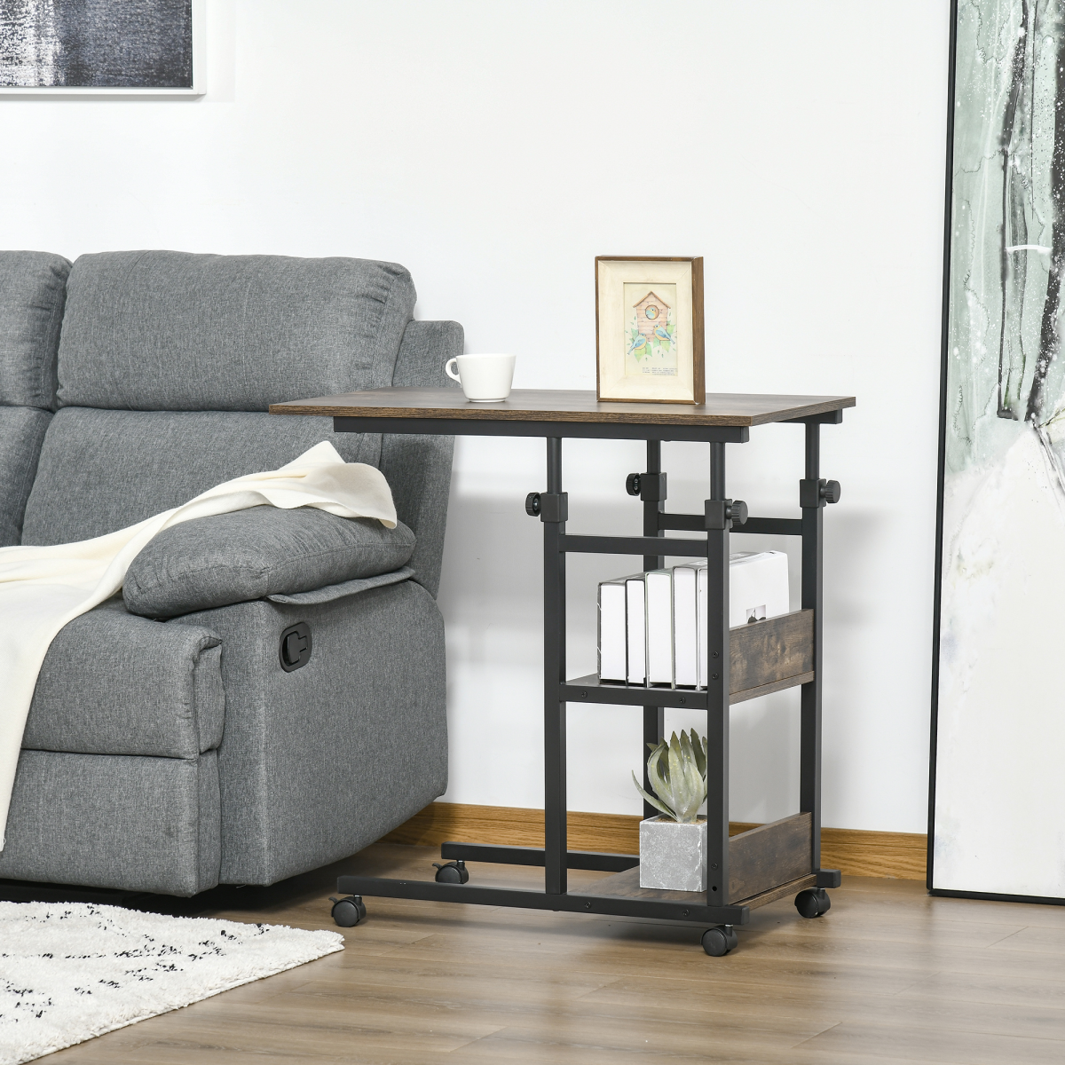 C-Shaped Mobile Sofa Bed Side Table Adjust Height 3-Tier Cart w/ Brake