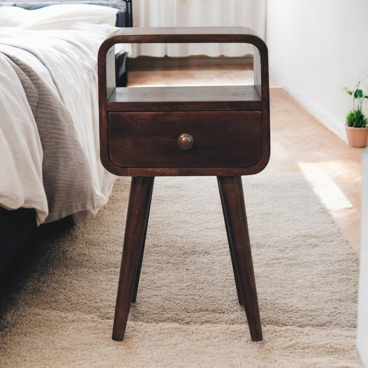 Artisan Furniture Solid Wood Mini California Walnut Curved Bedside with Open Slot