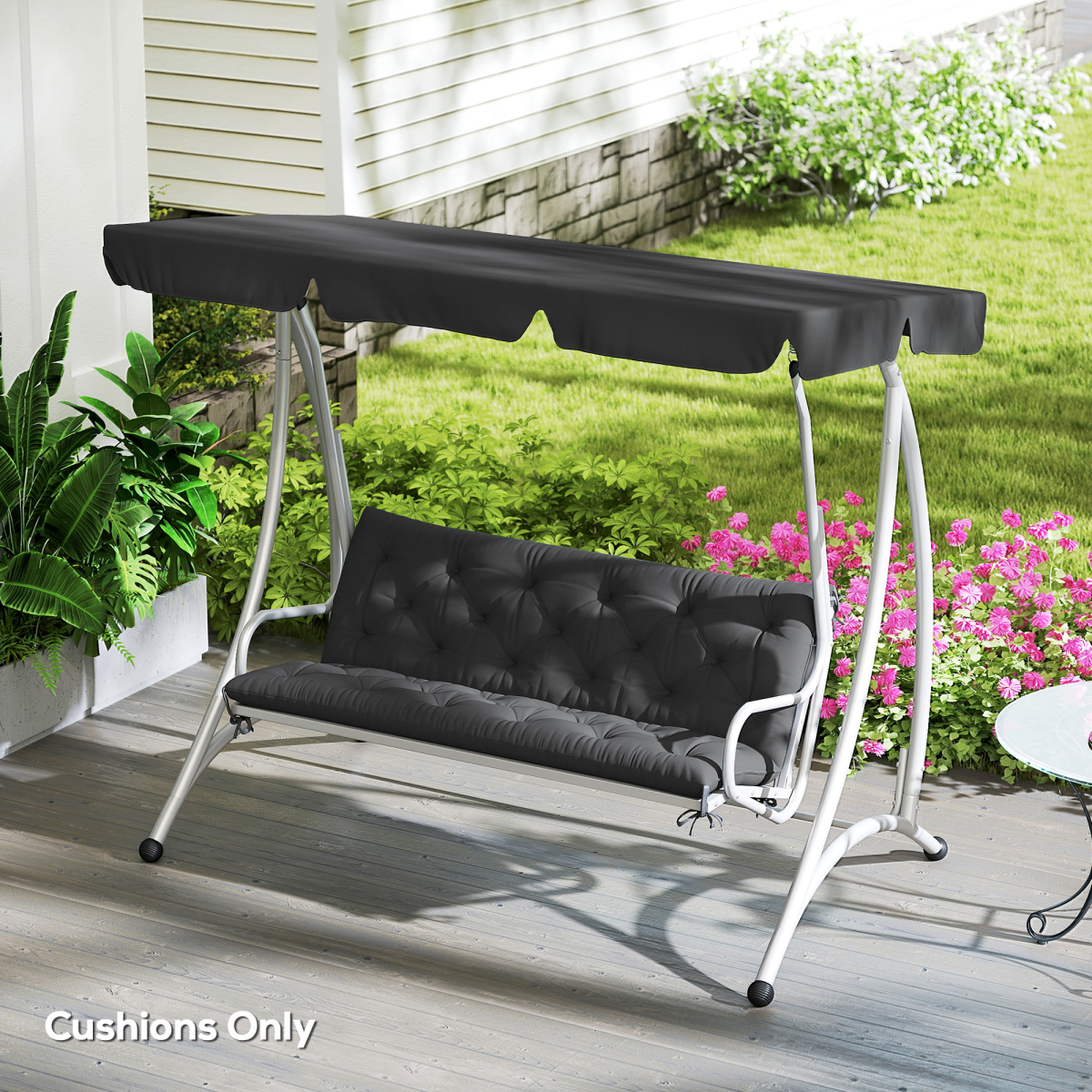 3 Seater Garden Bench Cushion Outdoor Seat Pad with Ties Black