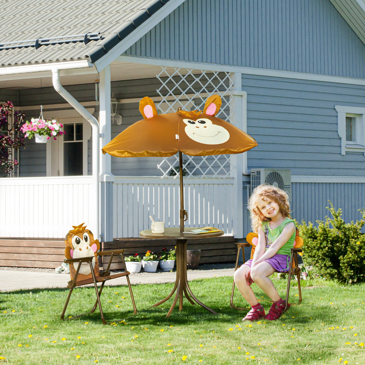 Kids Foldable Four-Piece Garden Set Table, Chairs, Umbrella