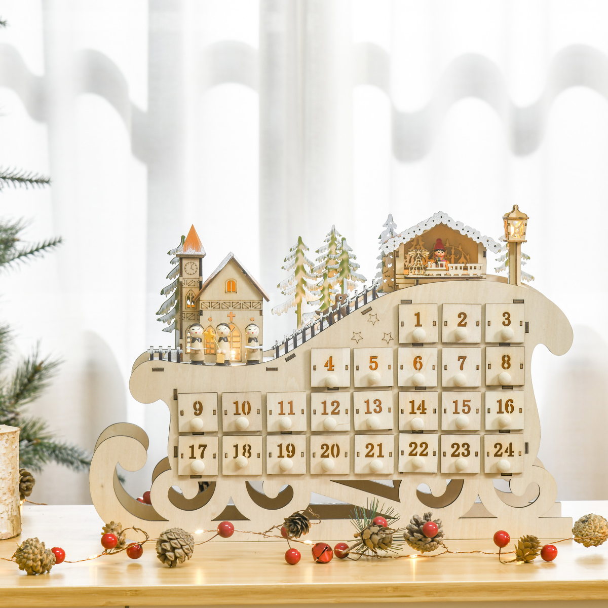Christmas Advent Calendar 2021 Light Up Wooden Sleigh Countdown Natural