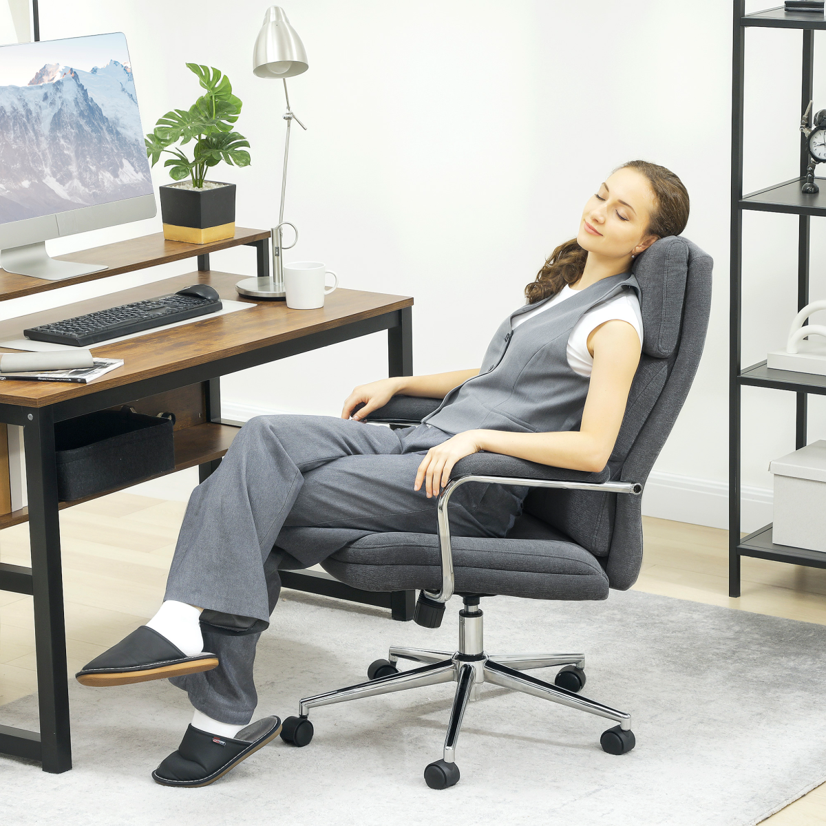 HOMCOM Linen Fabric Office Desk Chair with Tilt Function, Charcoal Grey