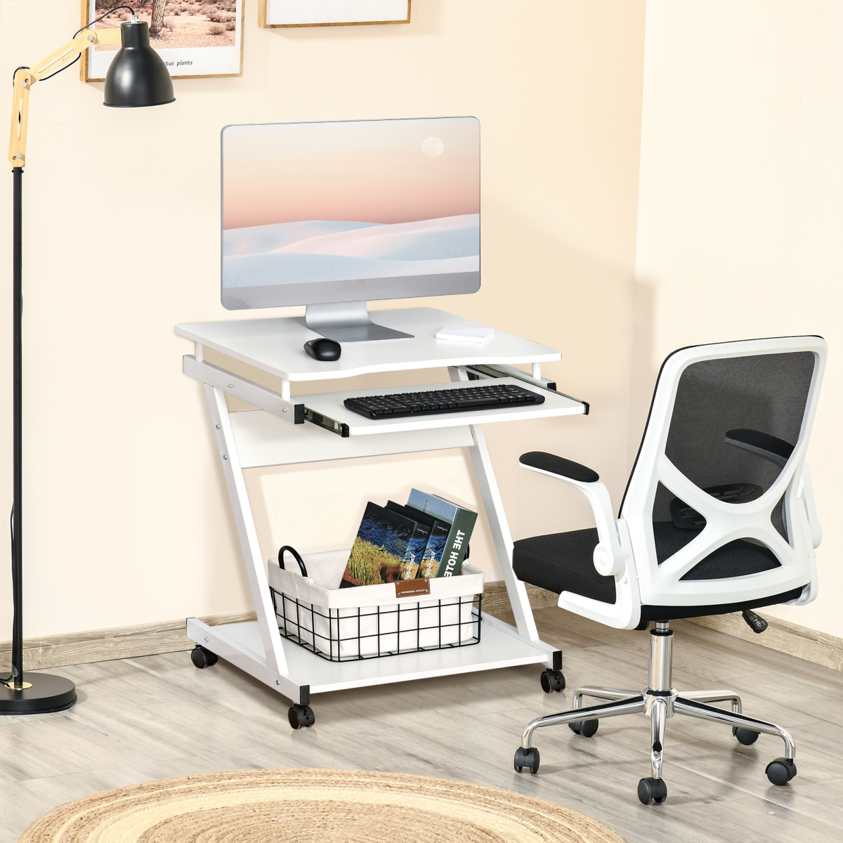 Computer Desk with 4 Moving Wheels Sliding Keyboard Tray White