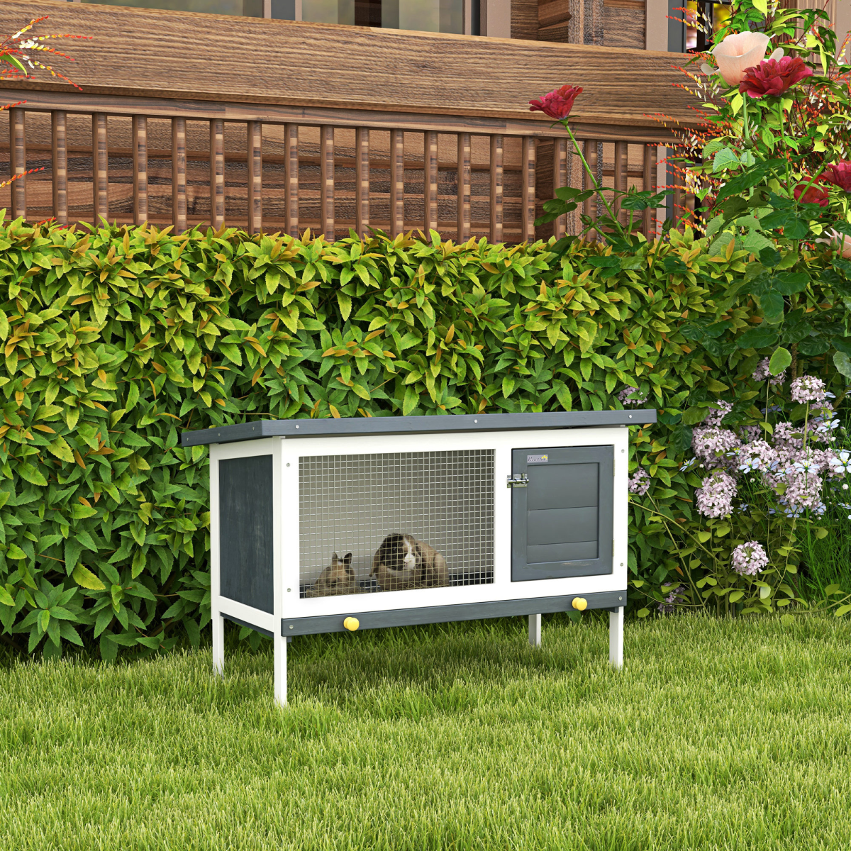 Wooden Rabbit Hutch Small Pet Habitat w/ Dropping Tray Openable Asphalt Roof