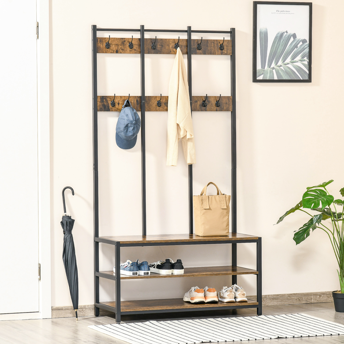 Entryway Coat Rack Hall Tree Shoe Bench 3 in 1 Design Metal Rack HOMCOM