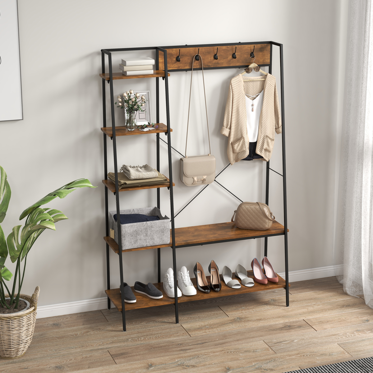 HOMCOM Coat Rack, Coat Stand with Shoe Storage, 5 Hooks for Hallway, Brown