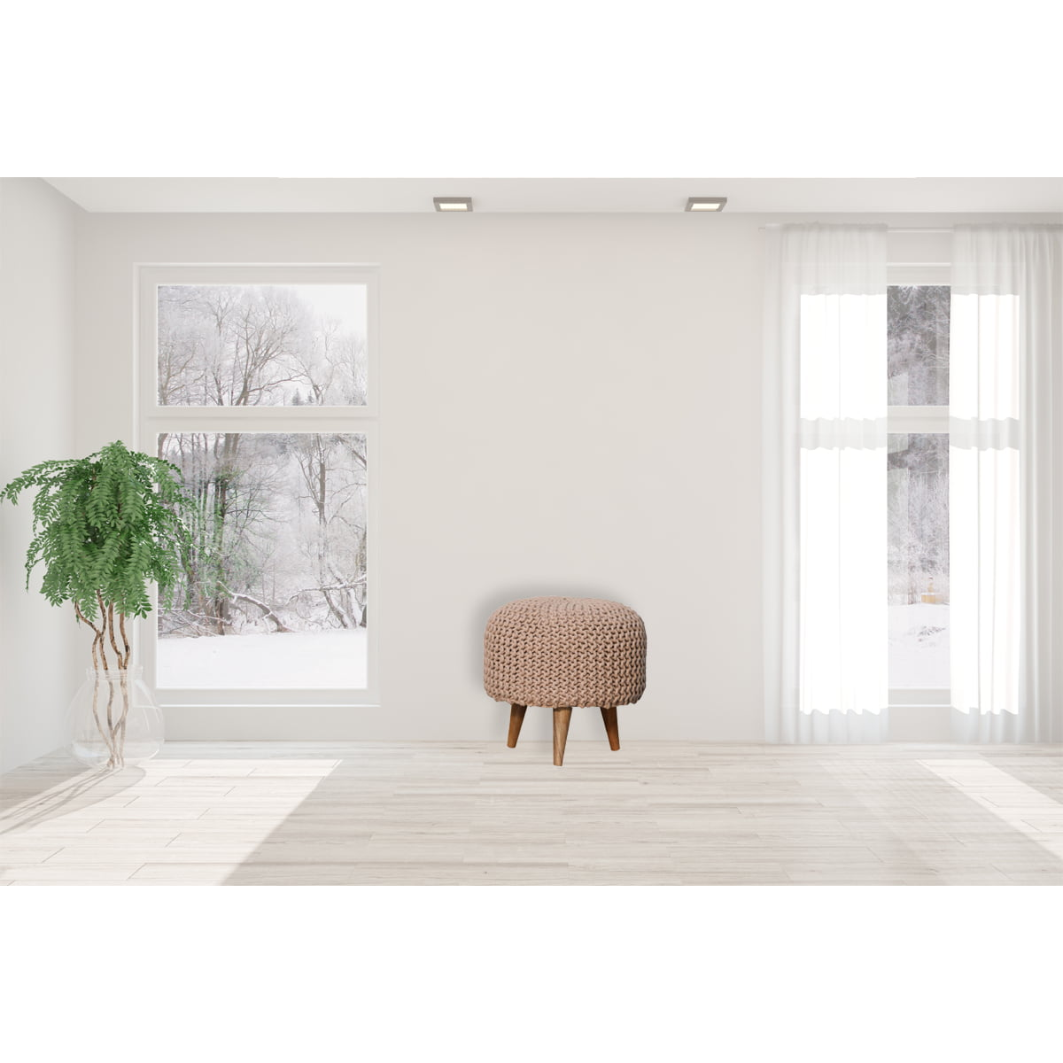 Artisan Furniture Solid Mango Wood Keeva Beige Round Footstool