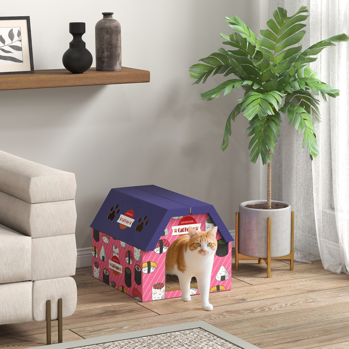 PawHut 2-in-1 Cat Scratching Board House with 4 Paw-Shaped Vents, Pink