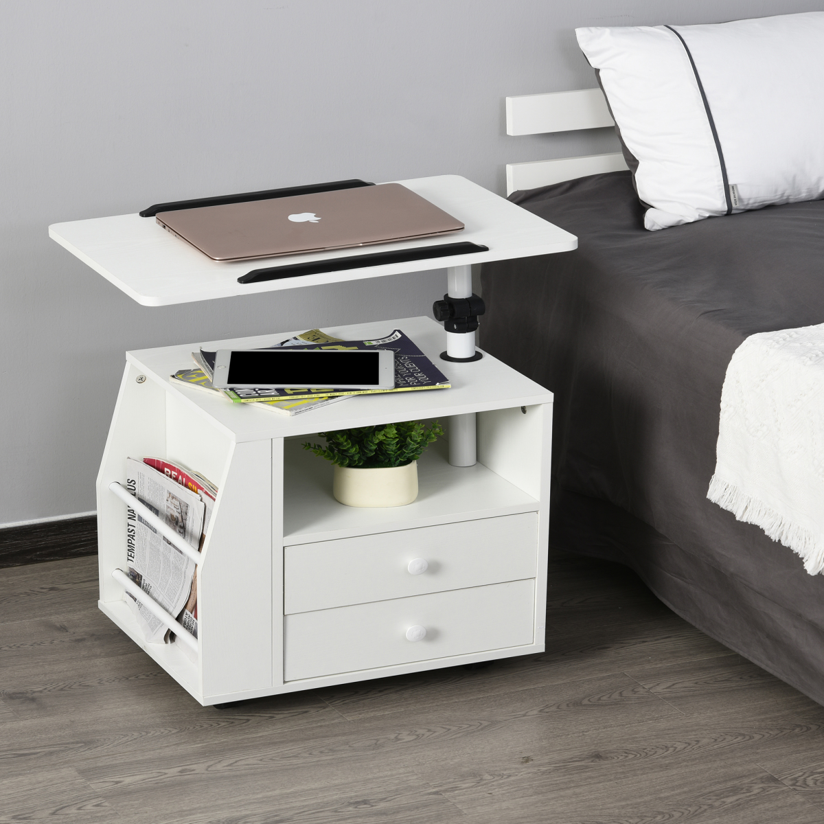 360 Rotating White Storage Table - Quality Particle Board - Multi-functional End Table with Cabinet