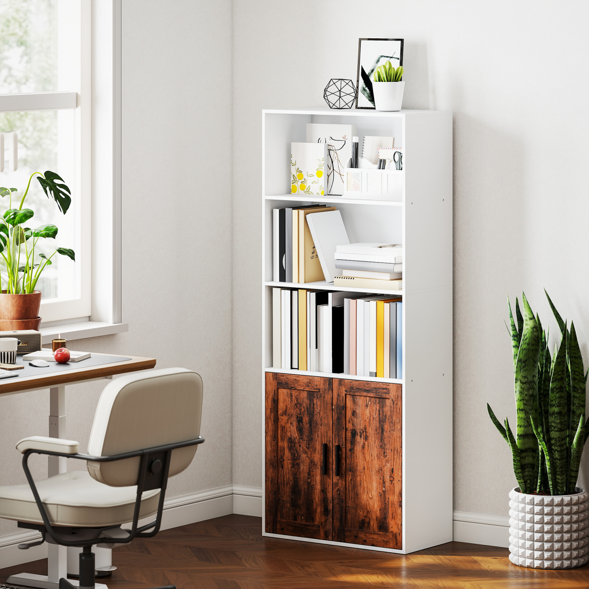 HOMCOM 5-Tier Bookcase, Tall Bookshelf with Adjustable Shelf, Rustic Brown