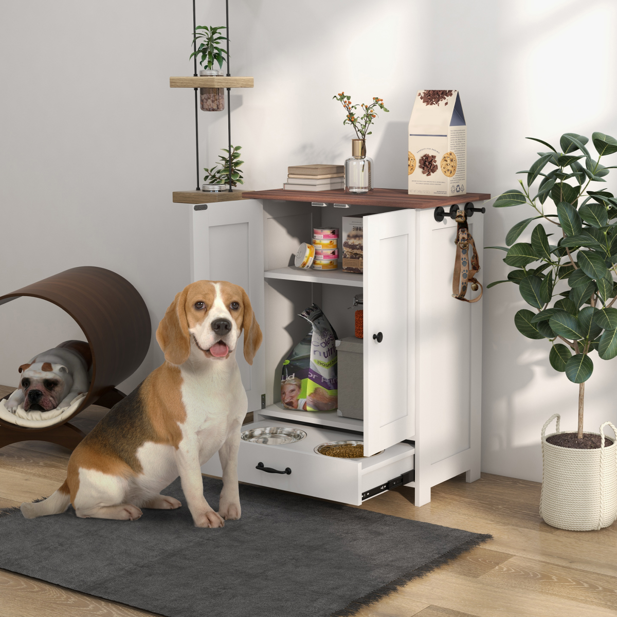 PawHut Dog Feeding Station with Storage, Pet Feeding Station with Dog Bowls