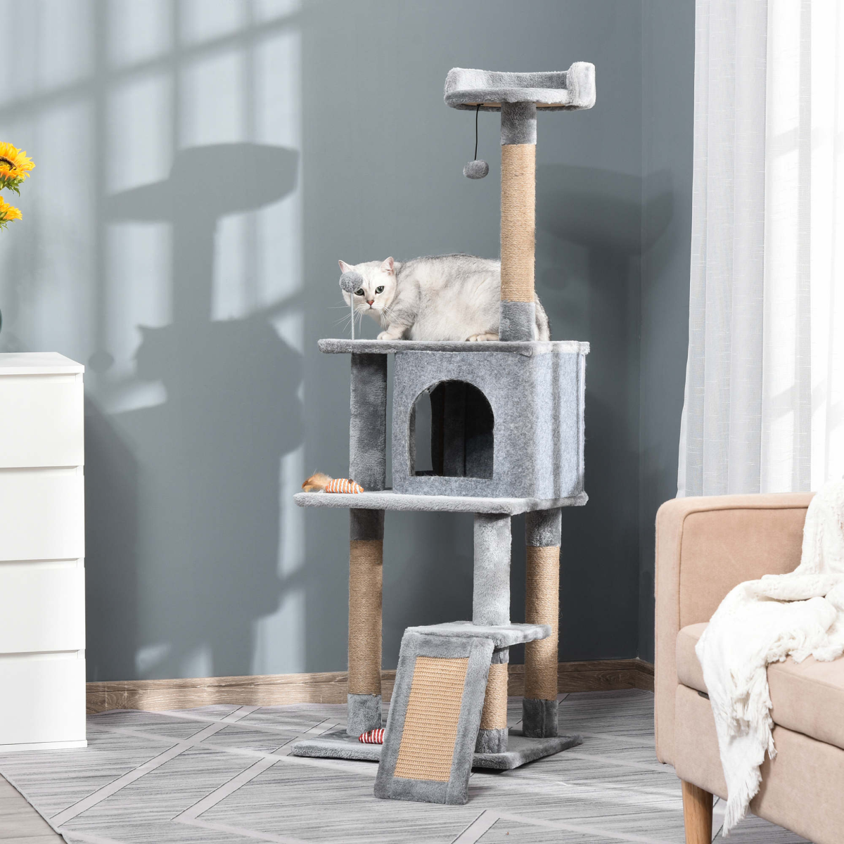 Cat Tree Tower Climbing Kitten Activity Center with Jute Scratching Post, Grey