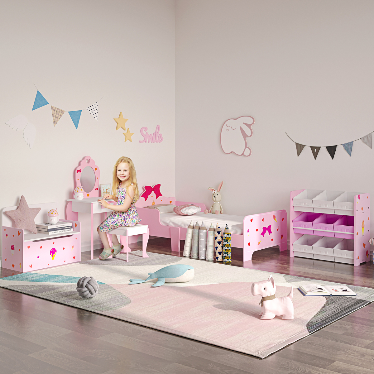 Kids Storage Unit with 9 Removable Storage Baskets for Nursery Playroom, Pink