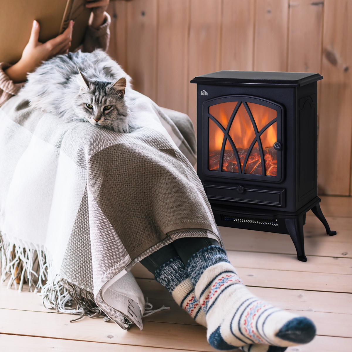 1850W Flame Effect Electric Free Standing Fireplace Fan Log Burning Stove -Black