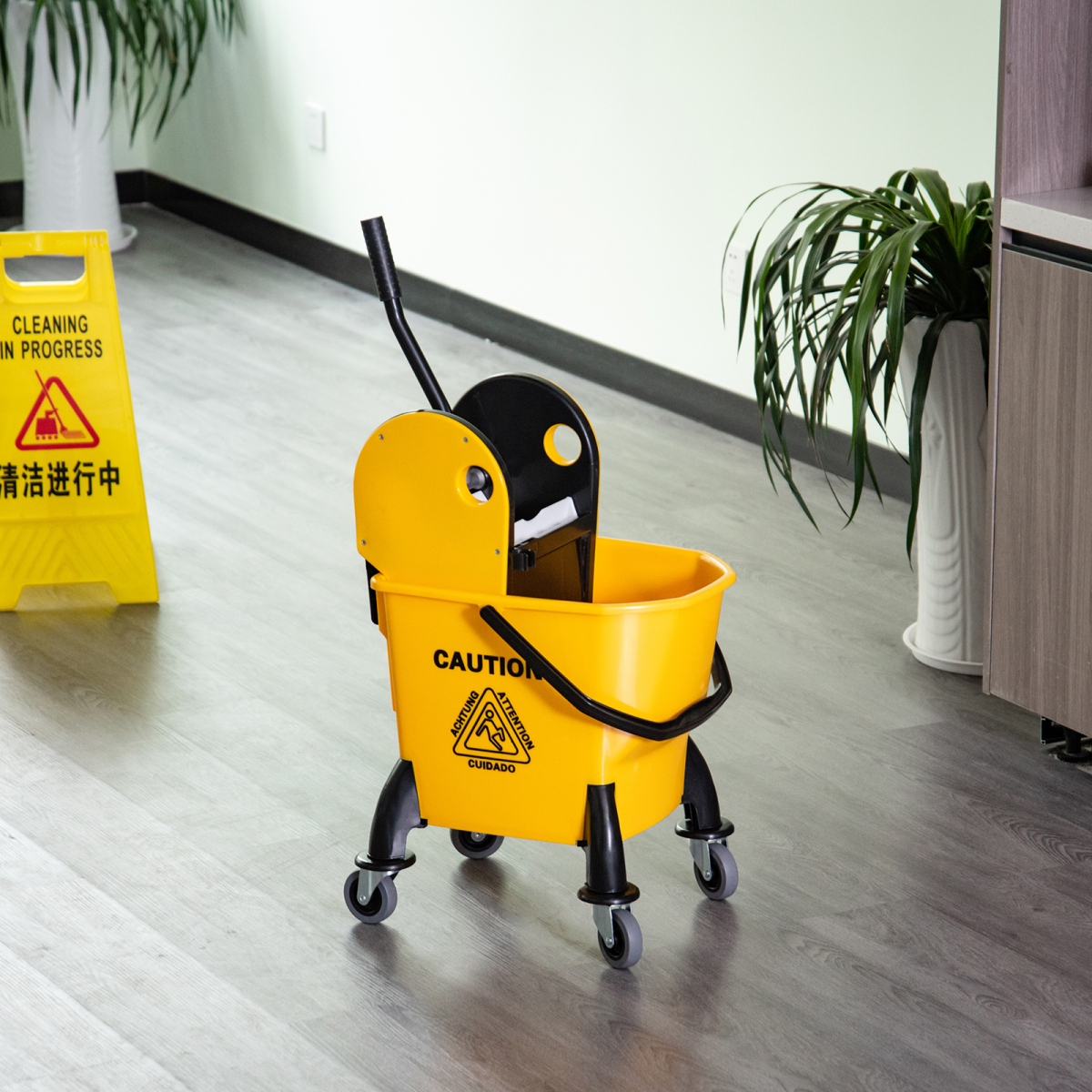 26L Mop Bucket & Water Wringer Wheels Plastic Body Metal Handle Yellow