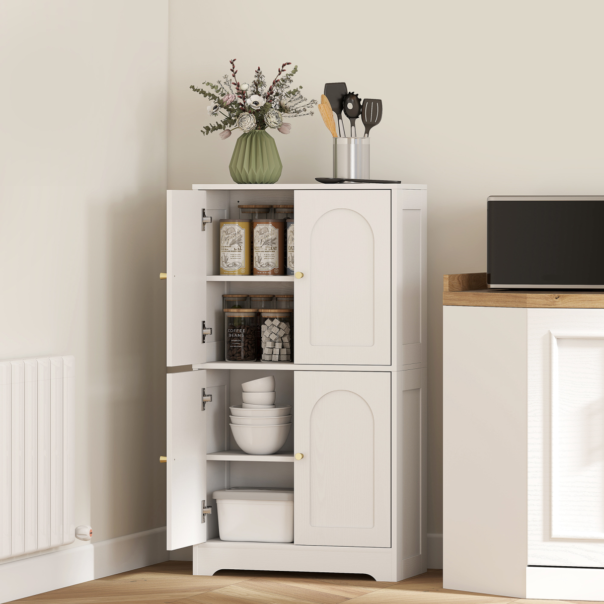 HOMCOM 110cm Kitchen Cupboard with 4 Arched Doors and 2 Adjustable Shelves