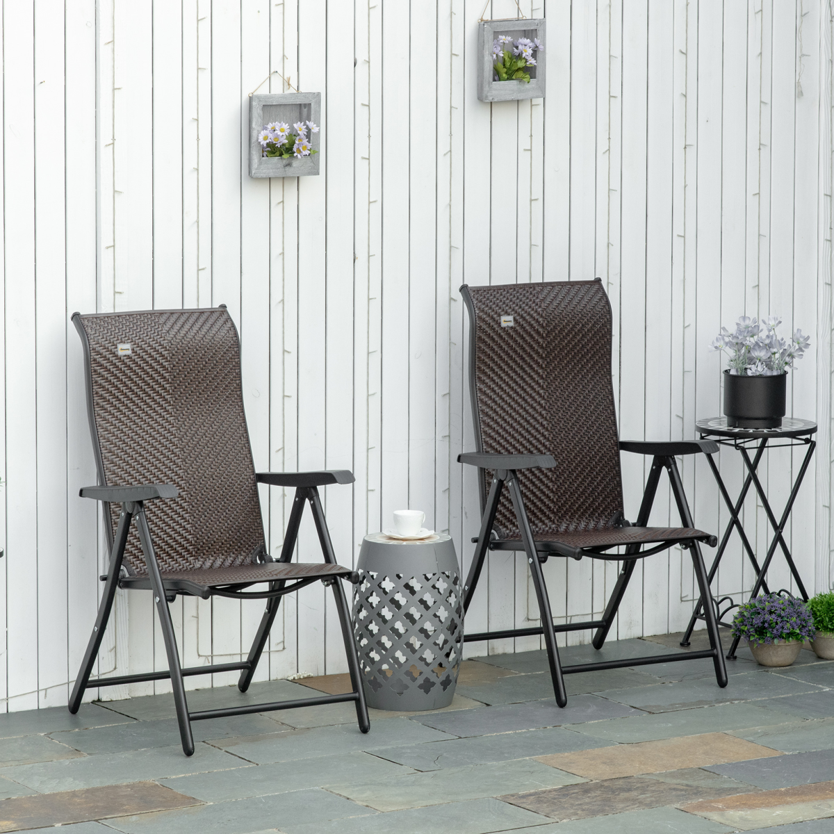 Set of 2 Outdoor Patio PE Rattan Dining Armrests Chair Adjustable Red Brown