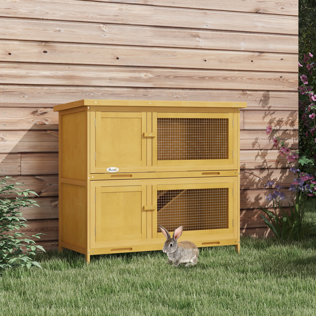 PawHut Double Decker Rabbit Hutch Bunny Cage Pet House Outdoor with Tray, Yellow
