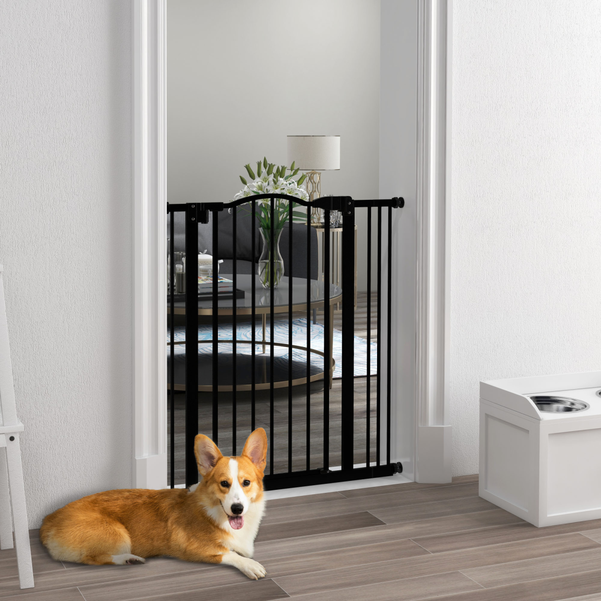 PawHut 74-87cm Adjustable Metal Pet Gate Safety Barrier w/ Auto-Close Door Black