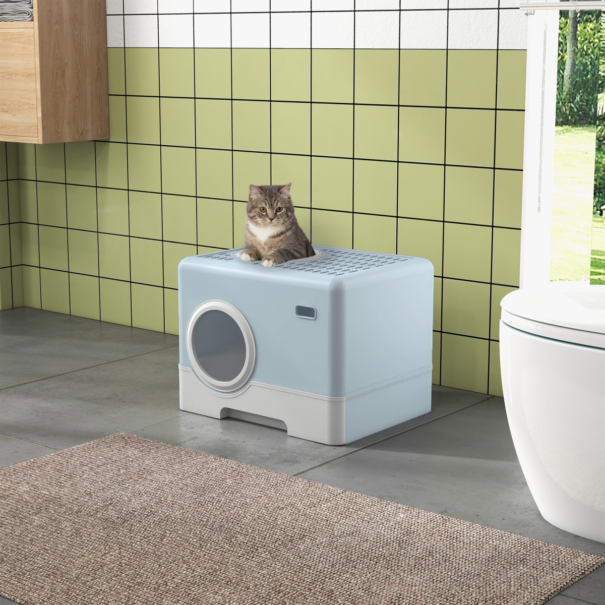 PawHut Enclosed Cat Litter Tray with Lid, Front Entry, Top Exit, Scoop - Blue