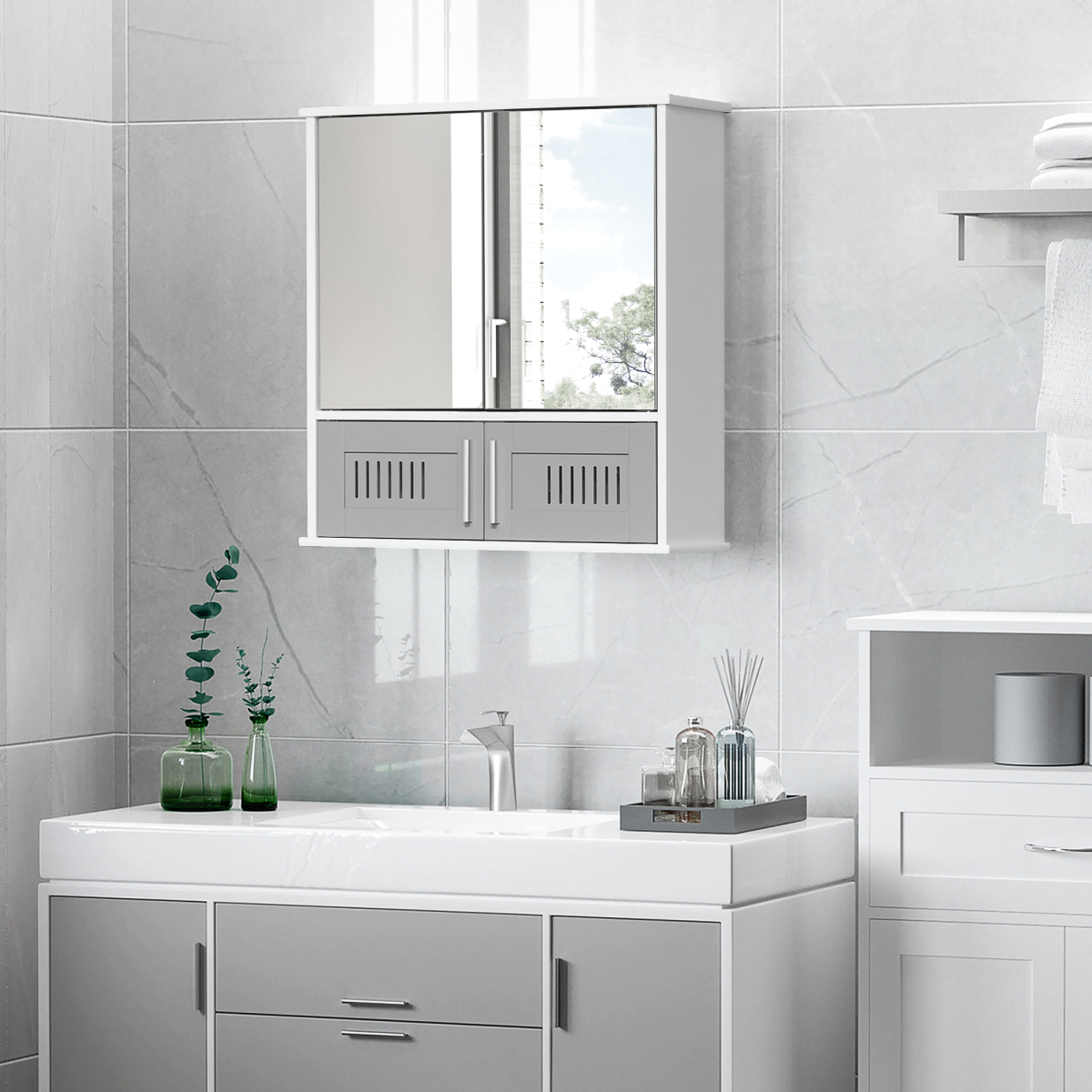 Bathroom Mirror Cabinet, Wall Mounted Storage Cupboard with Double Doors Grey