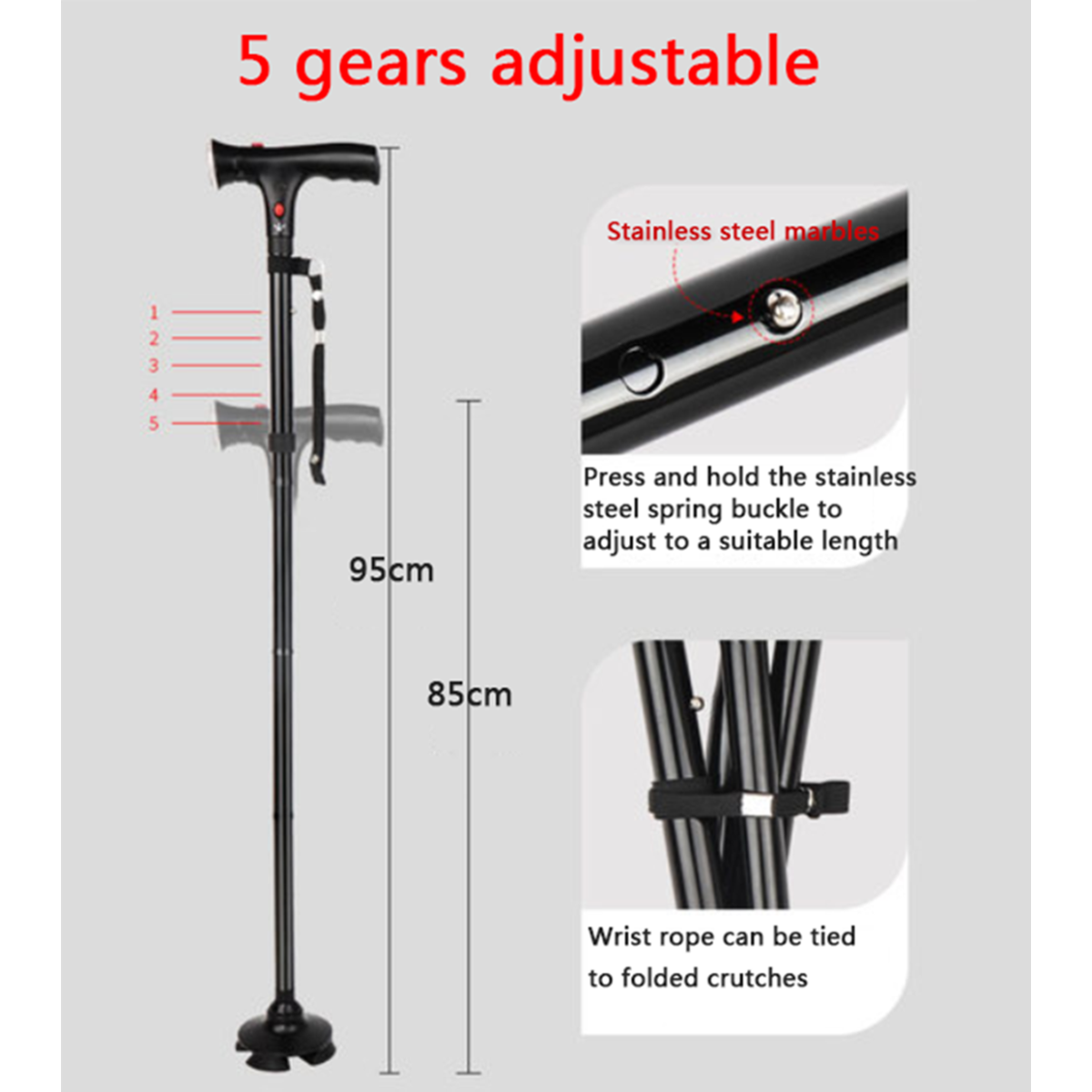 Camping Hiking Walking Stick 5-Level Height Adjustable Folding Walking Cane with LED Light And Alarm