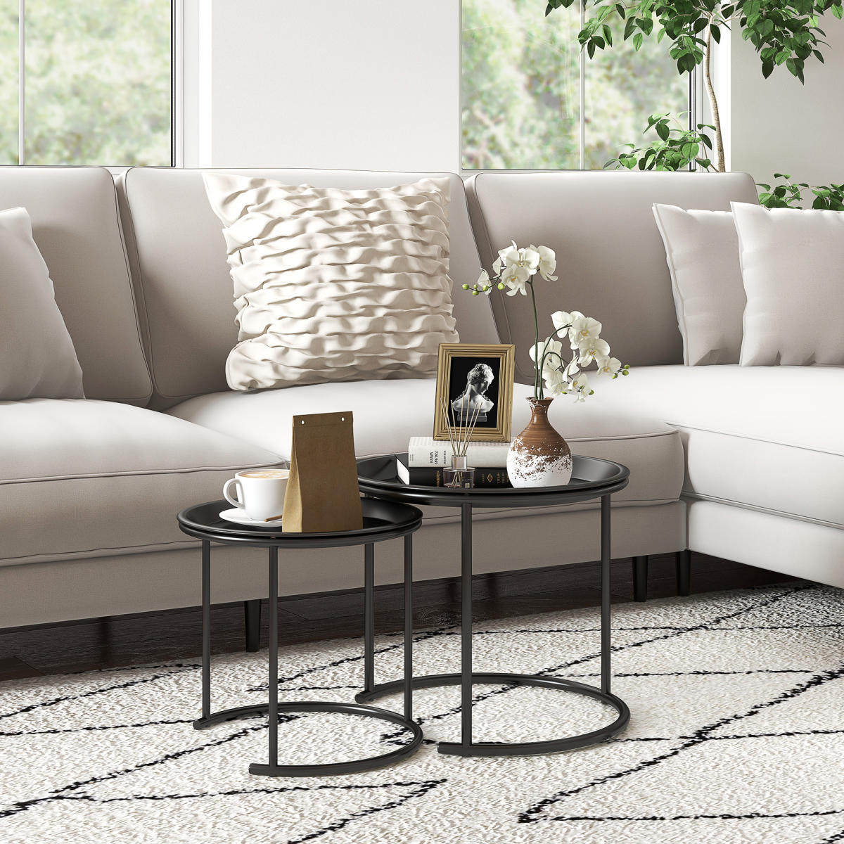 HOMCOM Nesting Tables Set of 2, End Table with Removable Tabletop Tray White