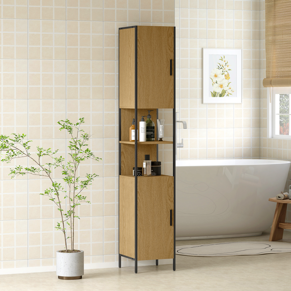 HOMCOM Slim Bathroom Storage Cabinet with 2 Doors Open Compartments Natural